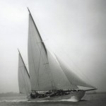 black and white image of Halcyon under sail