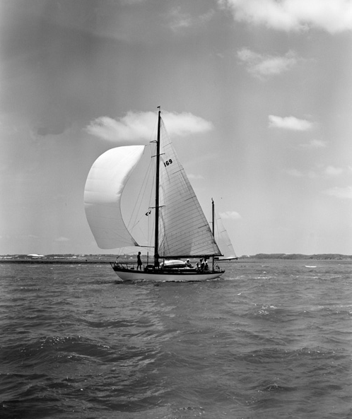 Malay I - Concordia yawl in black and white photo from Rosenfeld and Sons photographers