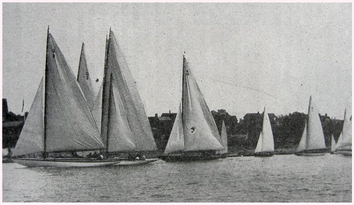 Q Class yachts starting off the Corinthian Yacht Club at Marblehead circa 1929